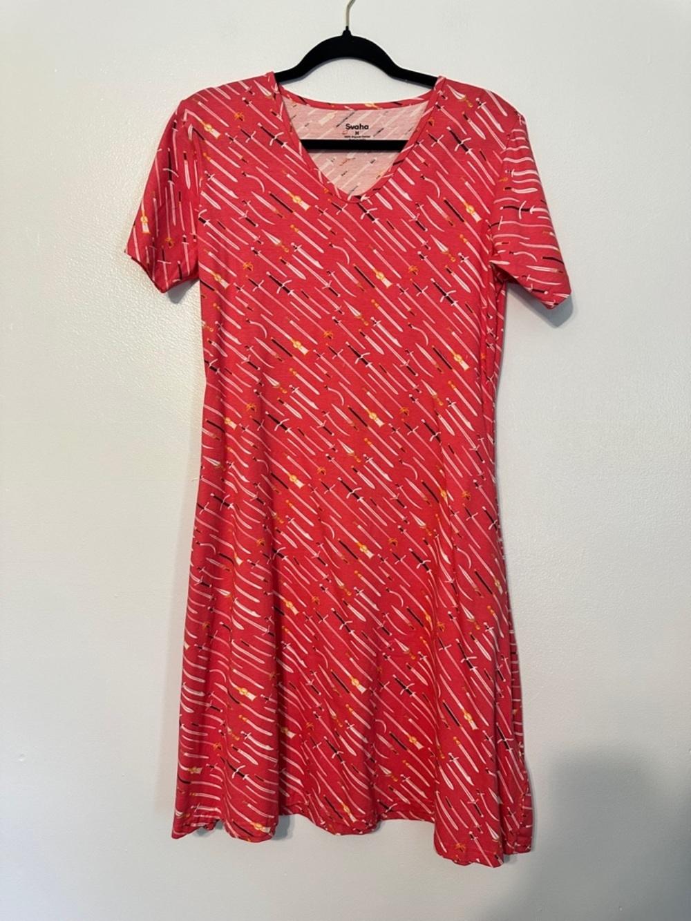 Svaha Sword Print Organic Cotton V Neck Casual Dress size medium